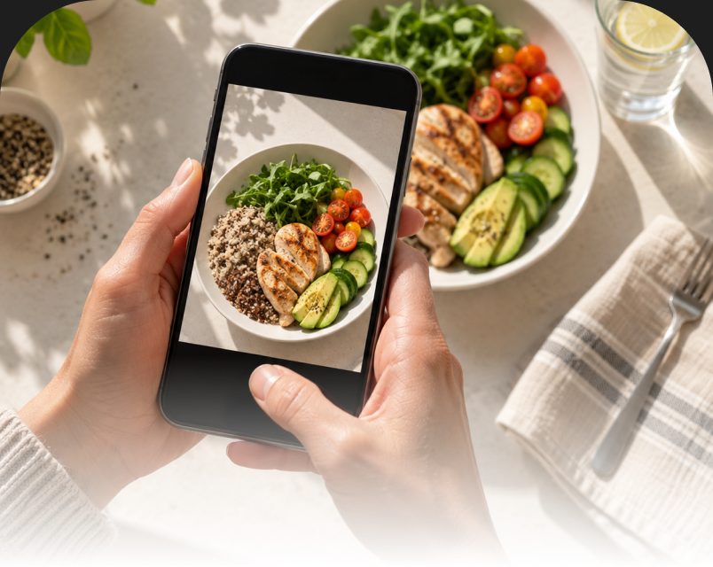 A woman framing a colorful meal on her phone